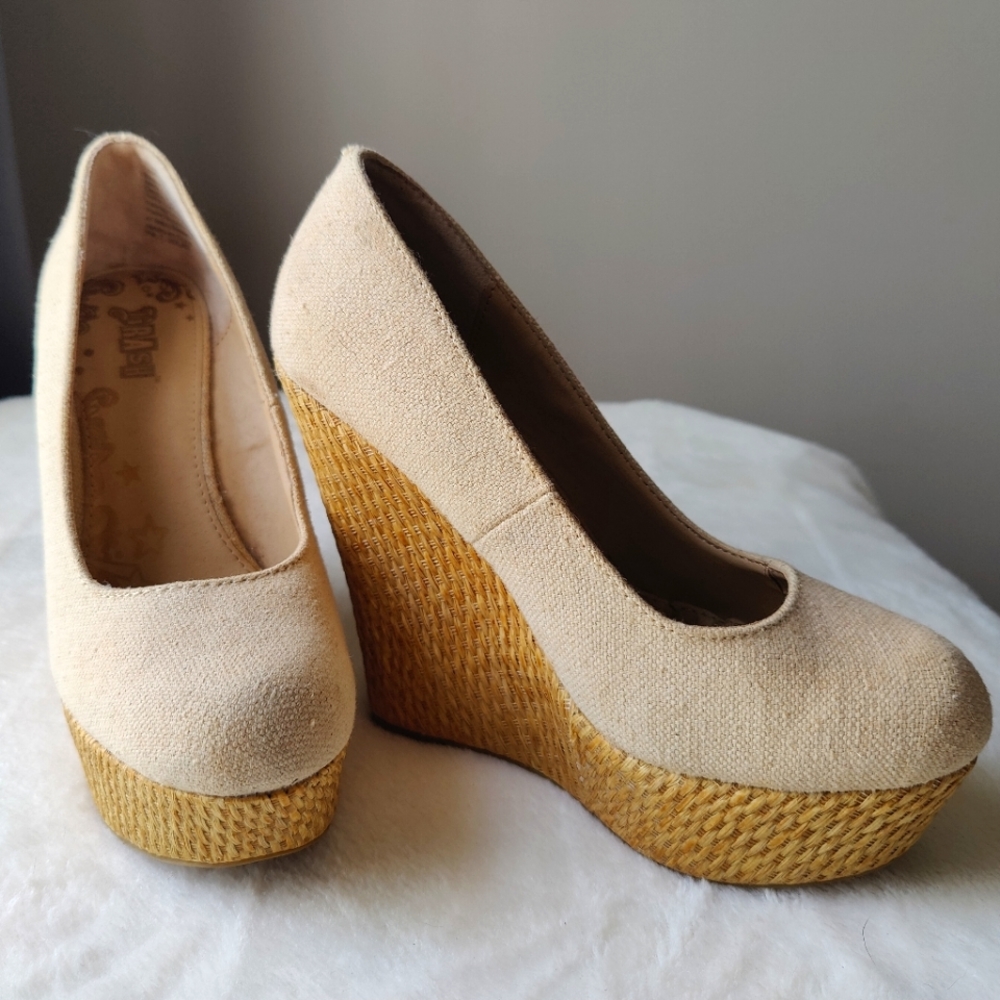 Brash Linen 5" Wedge Platform Heels Natural Oatmeal Beige